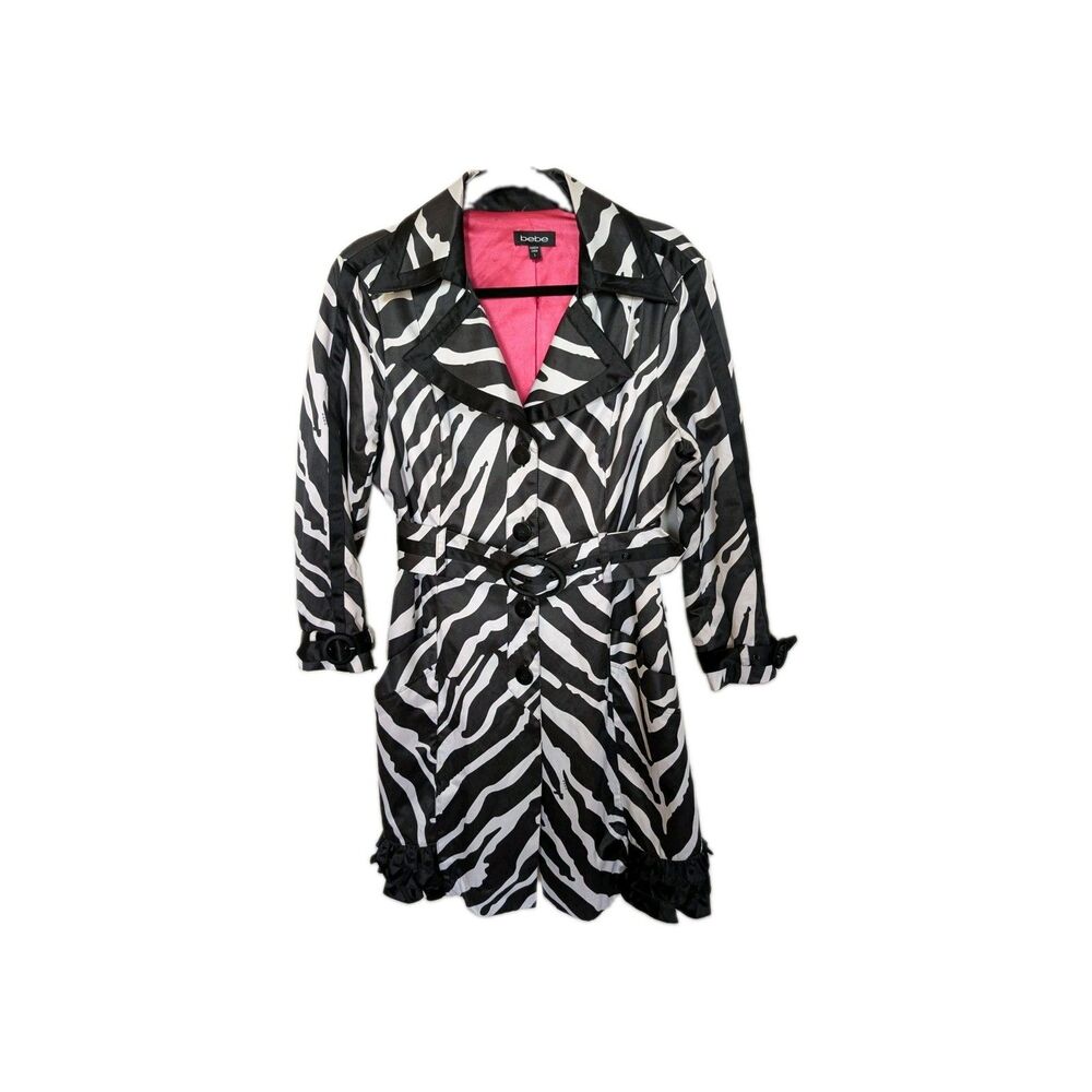 Vintage Y2K Bebe Zebra Print Black White Trench Coat Jacket Large Coquette